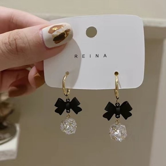 Diamond Ball Earrings with Bowknot Shape Pendant - Picture 1 of 7